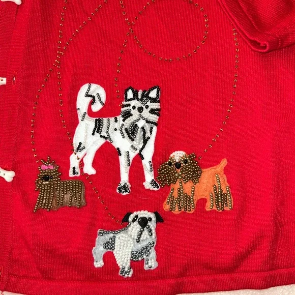 Vintage Quacker Factory Red Cardigan with Puppy Dog Embroidery XL Bone Buttons - Picture 3 of 8